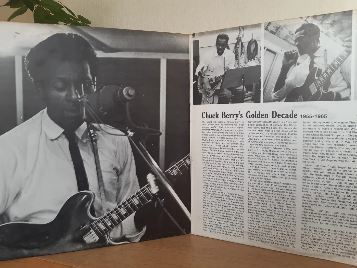 A worn vinyl record album cover titled "Chuck Berry's Golden Decade" with a black-and-white photo of Chuck Berry