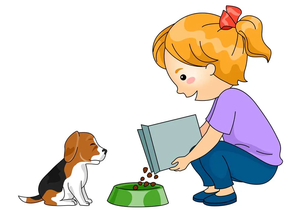 A young girl gently petting a Labrador puppy