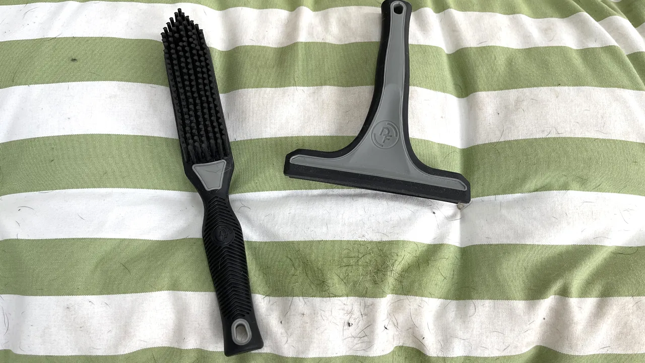 After brushing: A section of the car seat cushion is clear of dog hair