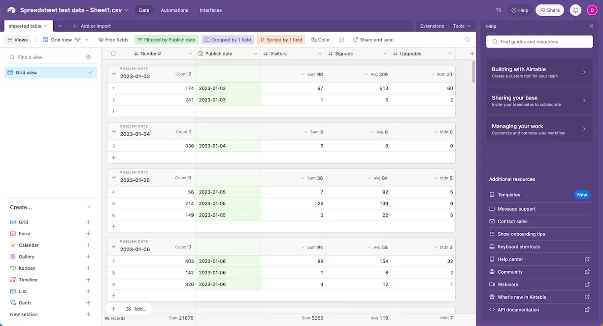 Airtable base with grid, Kanban, and calendar views of records