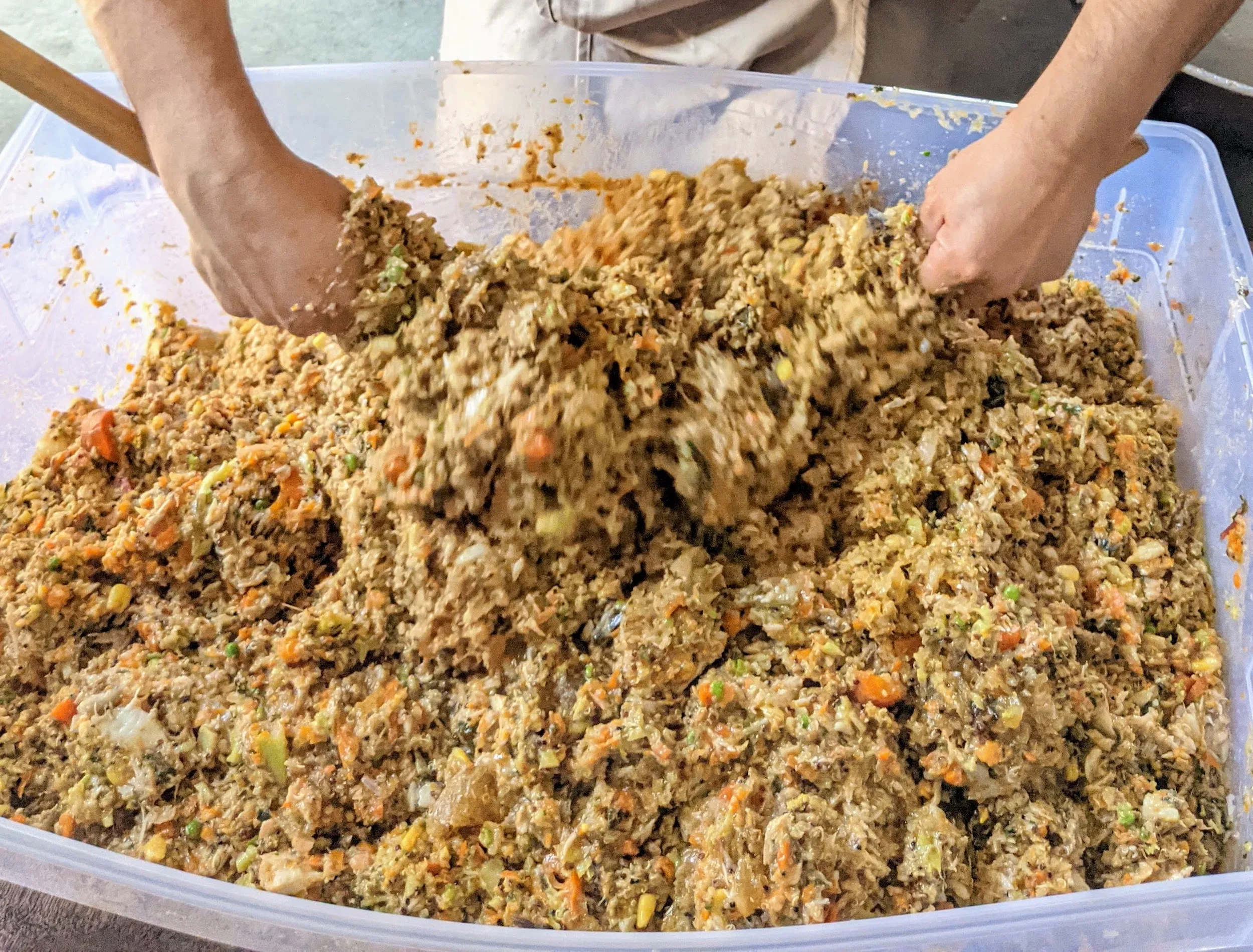 All cooked ingredients, including meats, vegetables, and quinoa, are thoroughly mixed in a large bin to create a balanced meal.