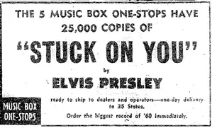 An advertisement for Elvis Presley's 'Stuck on You' single, highlighting its rapid success.