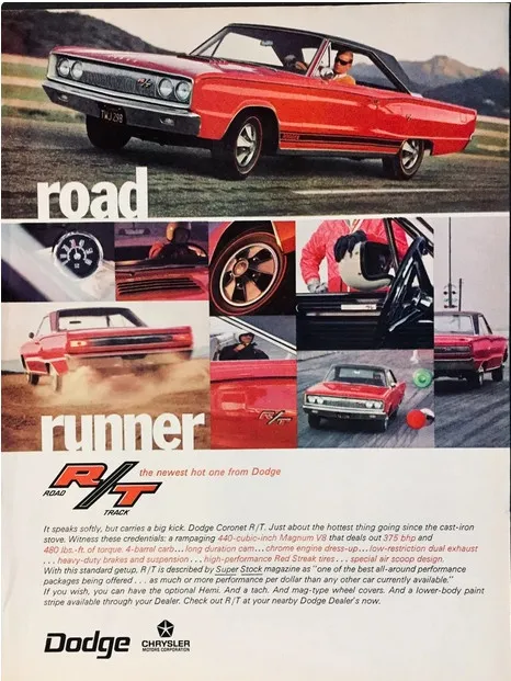 An advertisement for the 1967 Dodge Coronet R/T, showcasing its sporty design