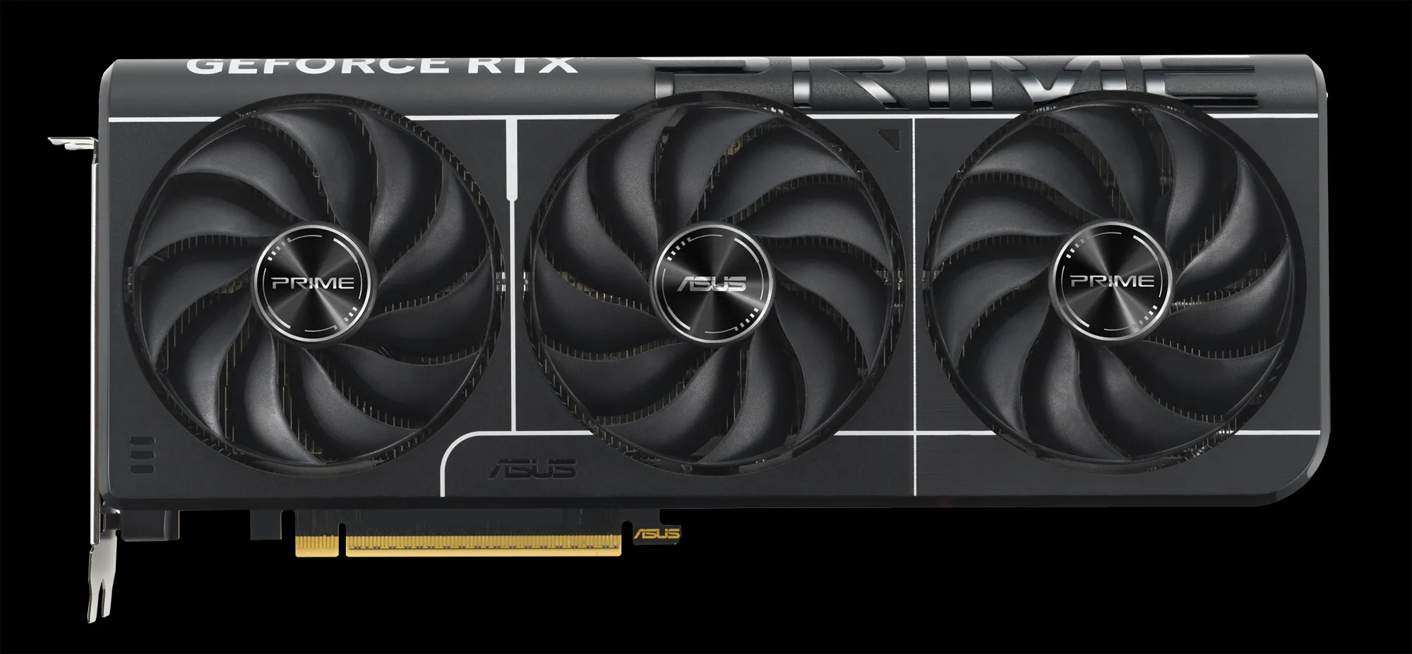 An angled view of an ASUS Prime GeForce RTX 5080 graphics card, highlighting its sleek, minimalist design and compact 2.5-slot profile ideal for wider case compatibility.