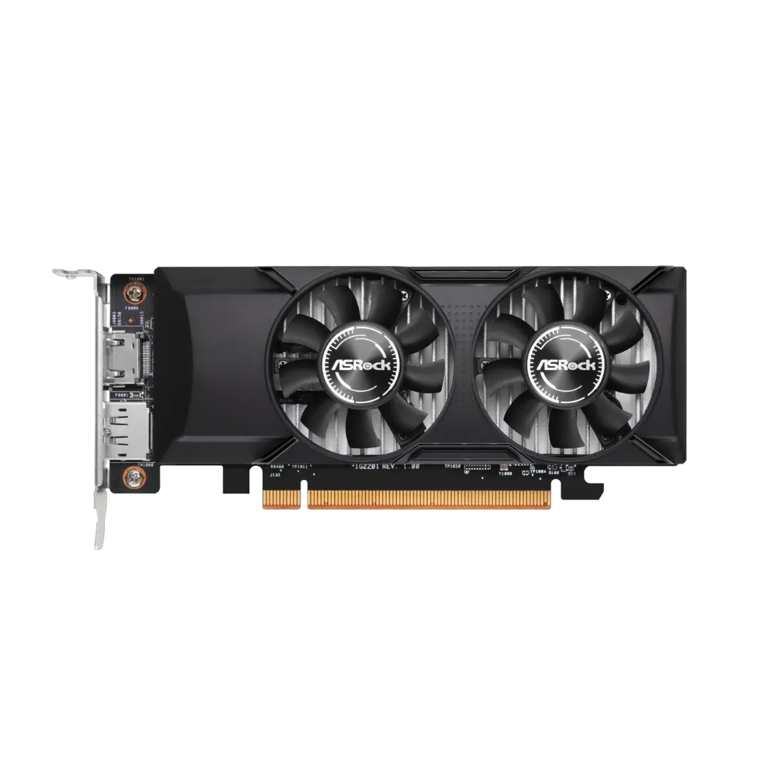 An ASRock Arc A310 Low Profile graphics card, showing its dual-fan cooler and compact form factor.