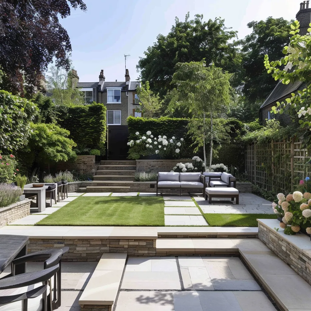 An elegant outdoor setting with a neatly manicured lawn and garden, suggesting a well-maintained property.