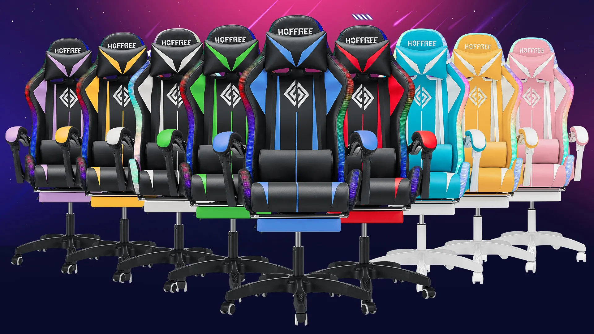 An ergonomic Hoffree gaming chair with vibrant RGB LED lights glowing around its back and seat, set in a modern gaming room