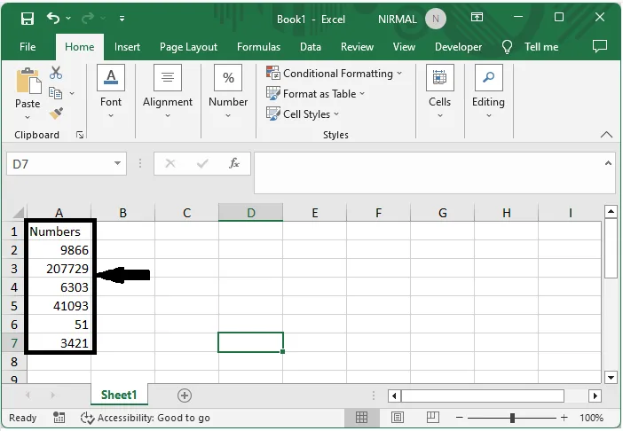 An Excel sheet displaying a list of numerical values in column A, such as 12345, 67890, and 11223