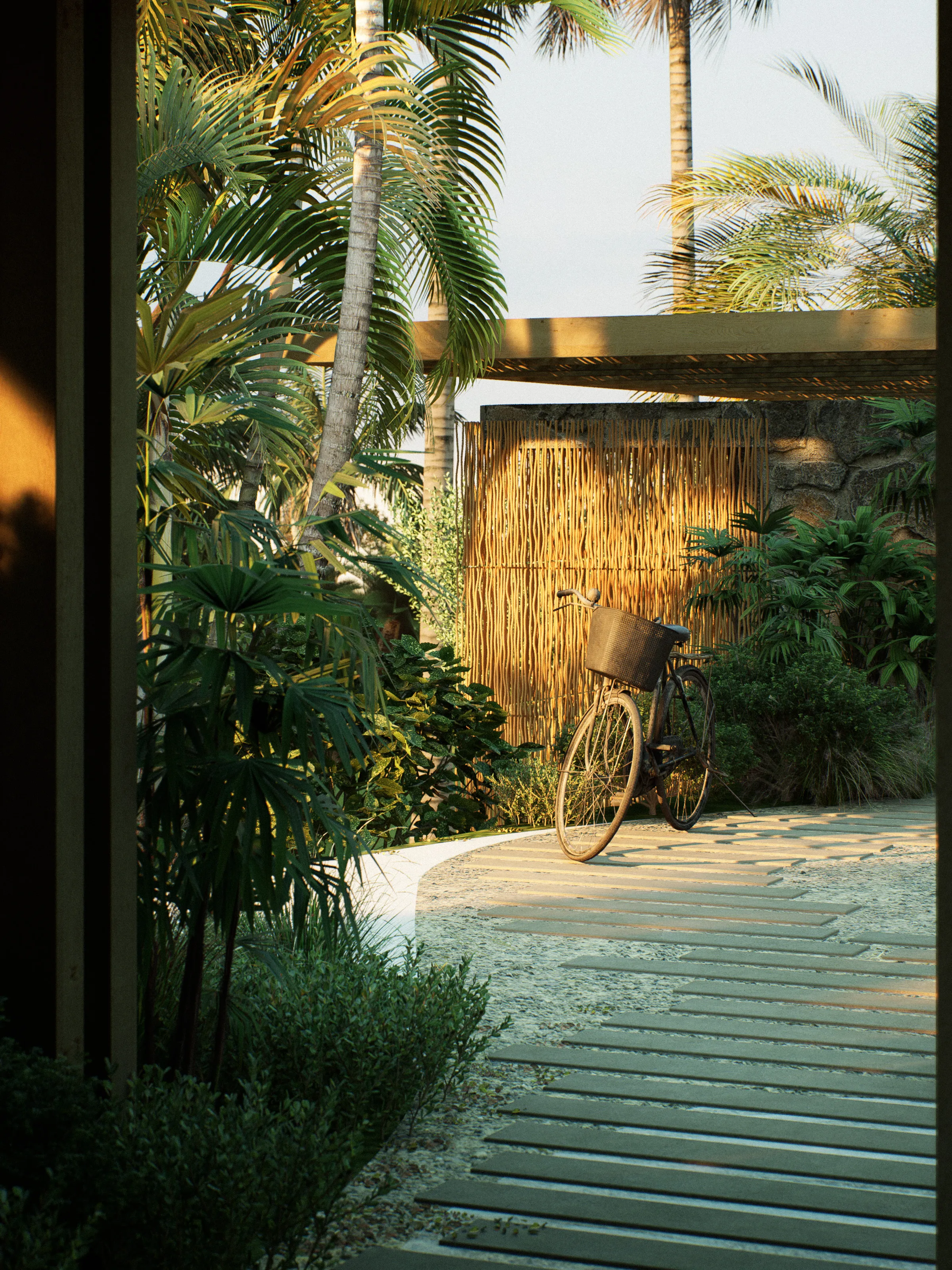 An exterior architectural rendering of a modern residence, showing intricate details and natural lighting