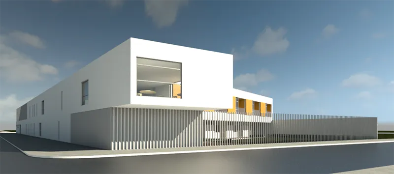 An exterior architectural rendering showcasing an elderly residence, with a focus on textures and reflections generated by Autodesk Cloud Rendering.