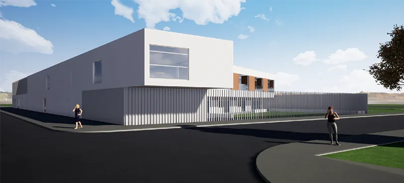 An exterior architectural visualization of the residence rendered using Twinmotion, demonstrating its default textures, shadows, and environmental elements.