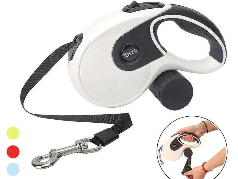 An image of the 5M Retractable Dog Leash, complete with an integrated poop bag dispenser.