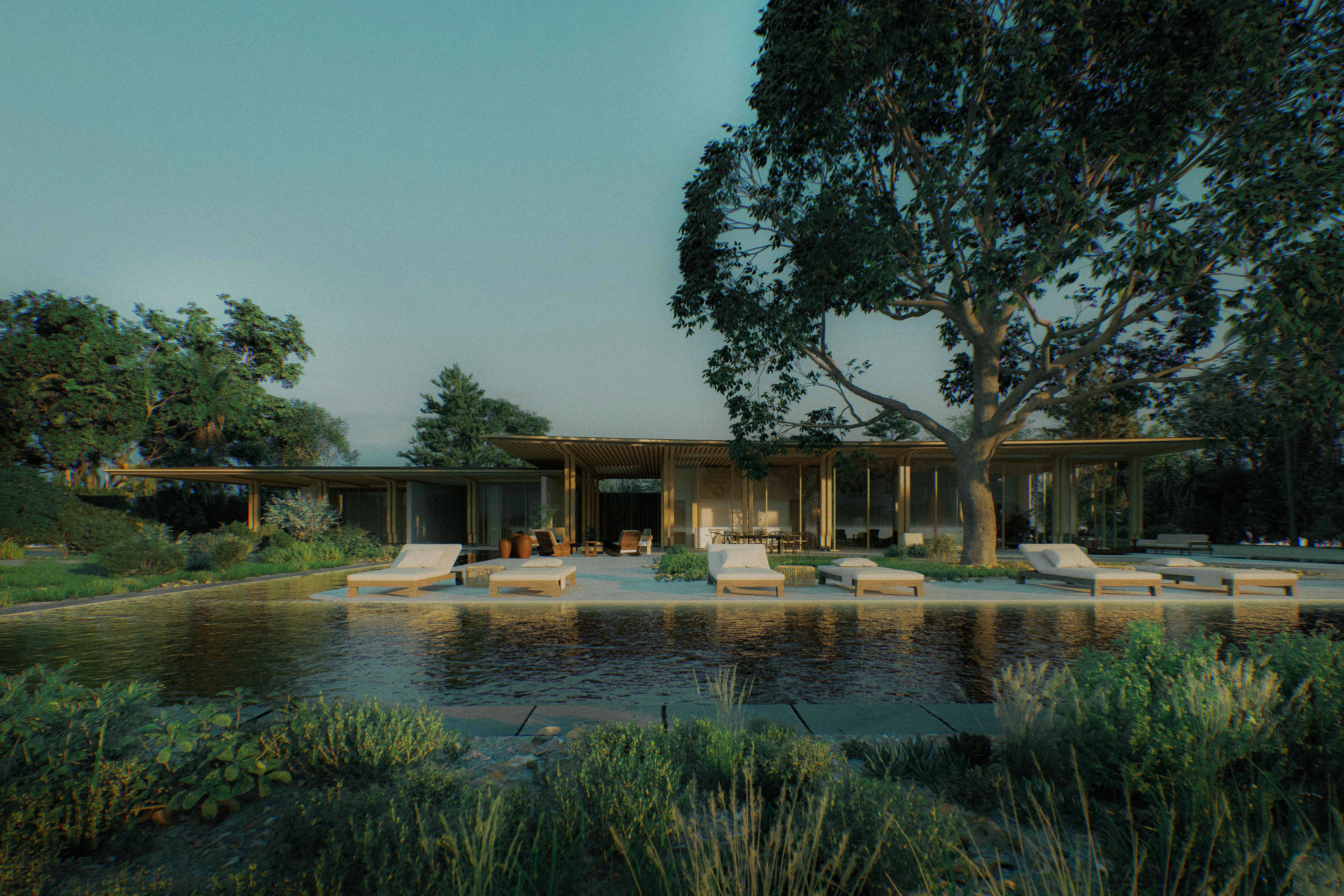 An intricate architectural model rendered with realistic lighting and reflective surfaces, showcasing exterior detail
