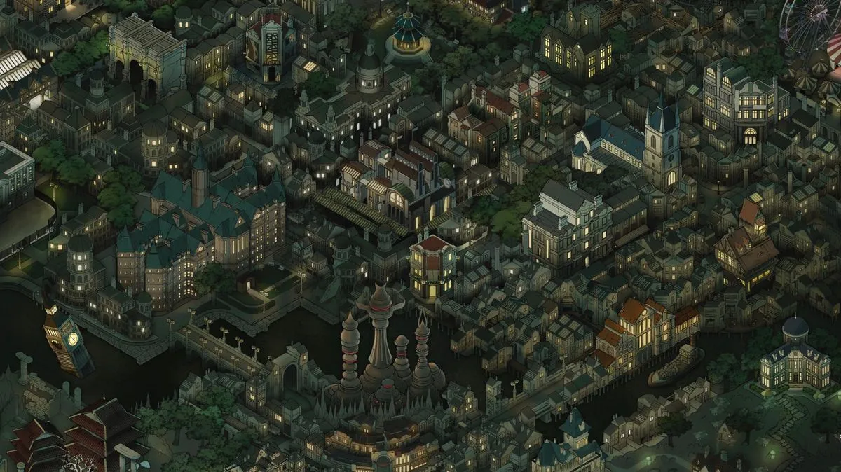An overhead illustration of the sunken British capital of Fallen London, with its unique architectural style and dark, cavernous sky.