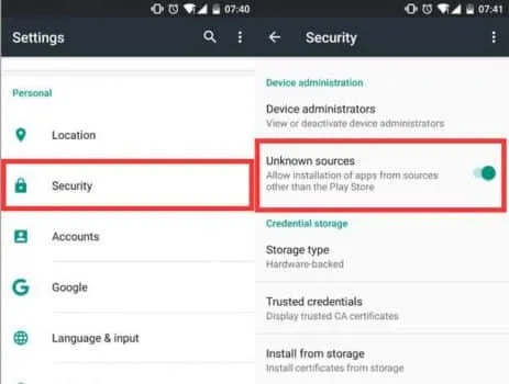 Android settings with "Install Apps From Unknown Sources" enabled