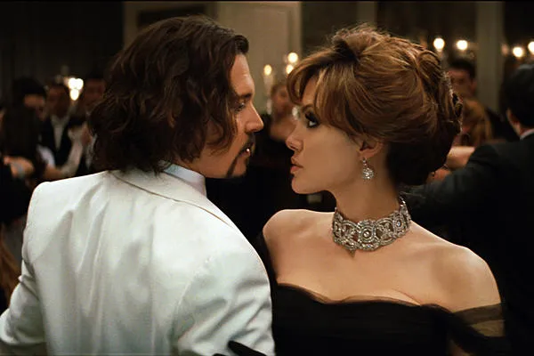 Angelina Jolie and Johnny Depp in a romantic scene from The Tourist