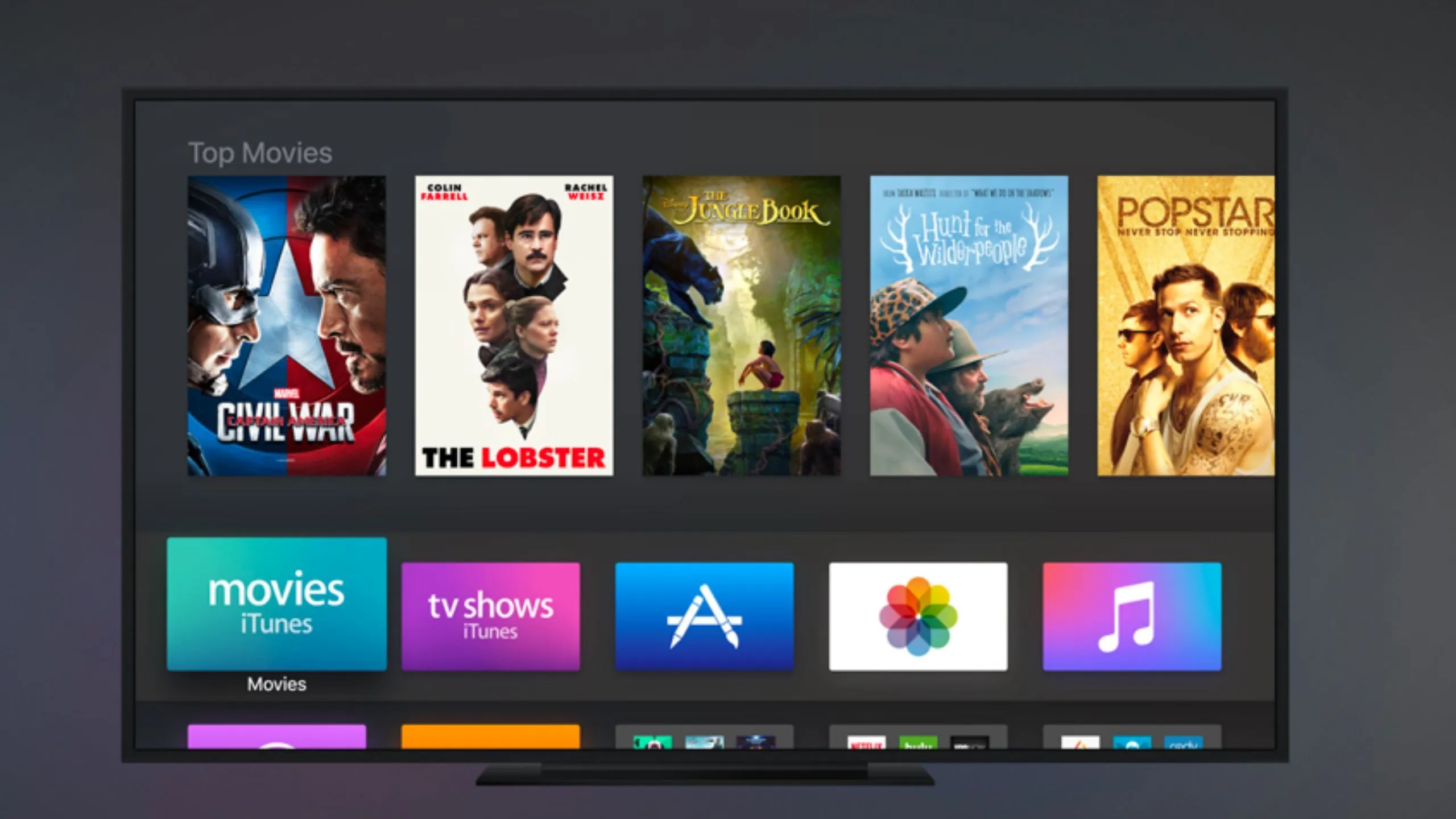 Apple TV Dark Mode interface displaying content titles