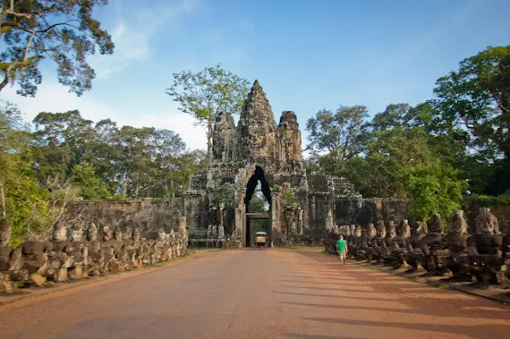 Approaching the South Gate entrance to the city of Angkor Thom
