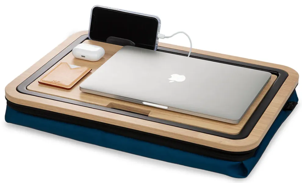 Arlo Skye Lap Desk 19, a stylish wooden lap desk with storage on a bed