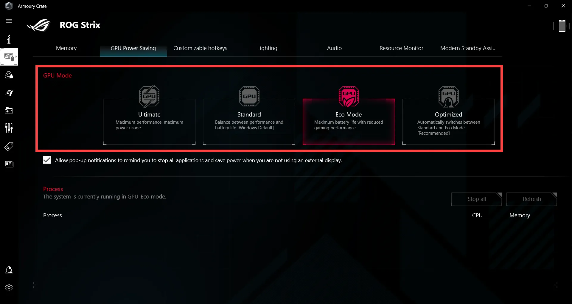 Armoury Crate interface showing GPU Power Saving settings with different GPU modes