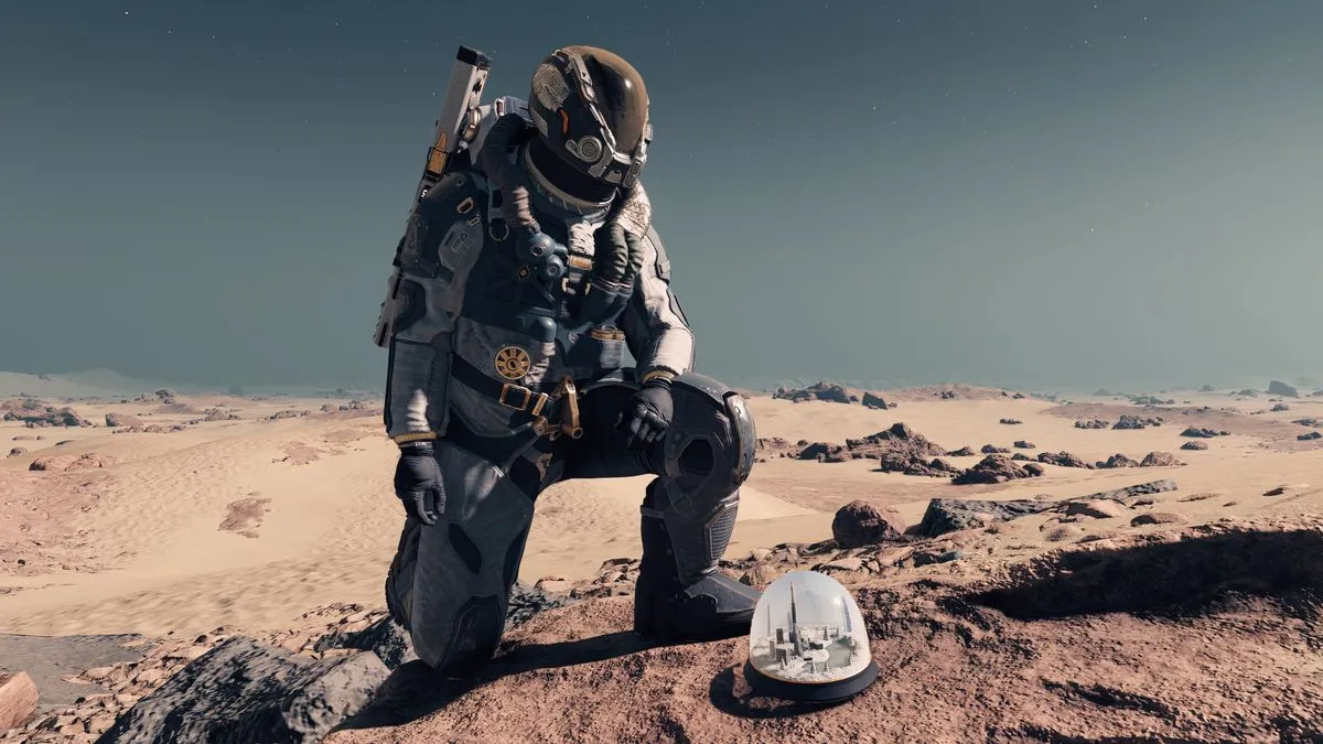 Astronaut on a vast alien planet with a spaceship in the background