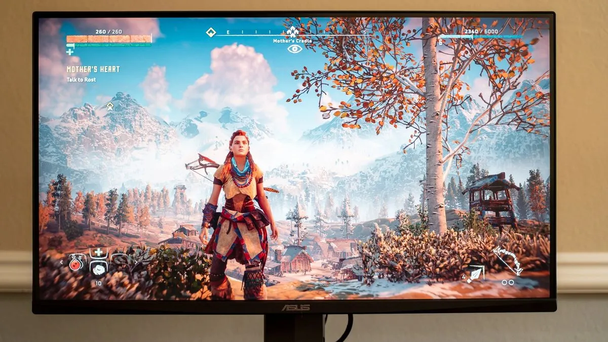 Asus TUF Gaming VG289Q monitor showcasing a detailed game scene