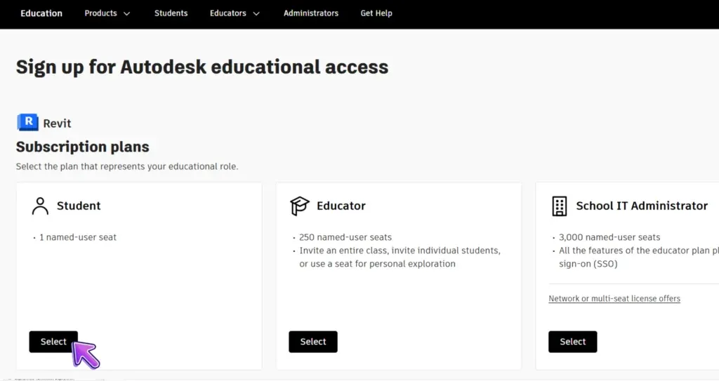 Autodesk educational access signup page with subscription plans: Student, Educator, School IT Administrator.