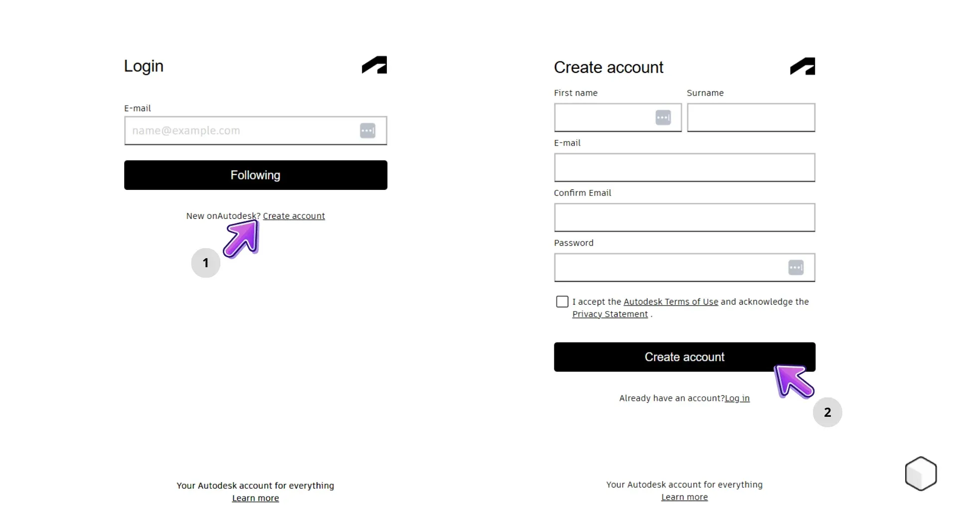 Autodesk login page showing options to sign in or create a new account