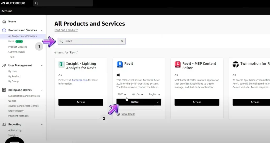 Autodesk product page displaying Revit installation options