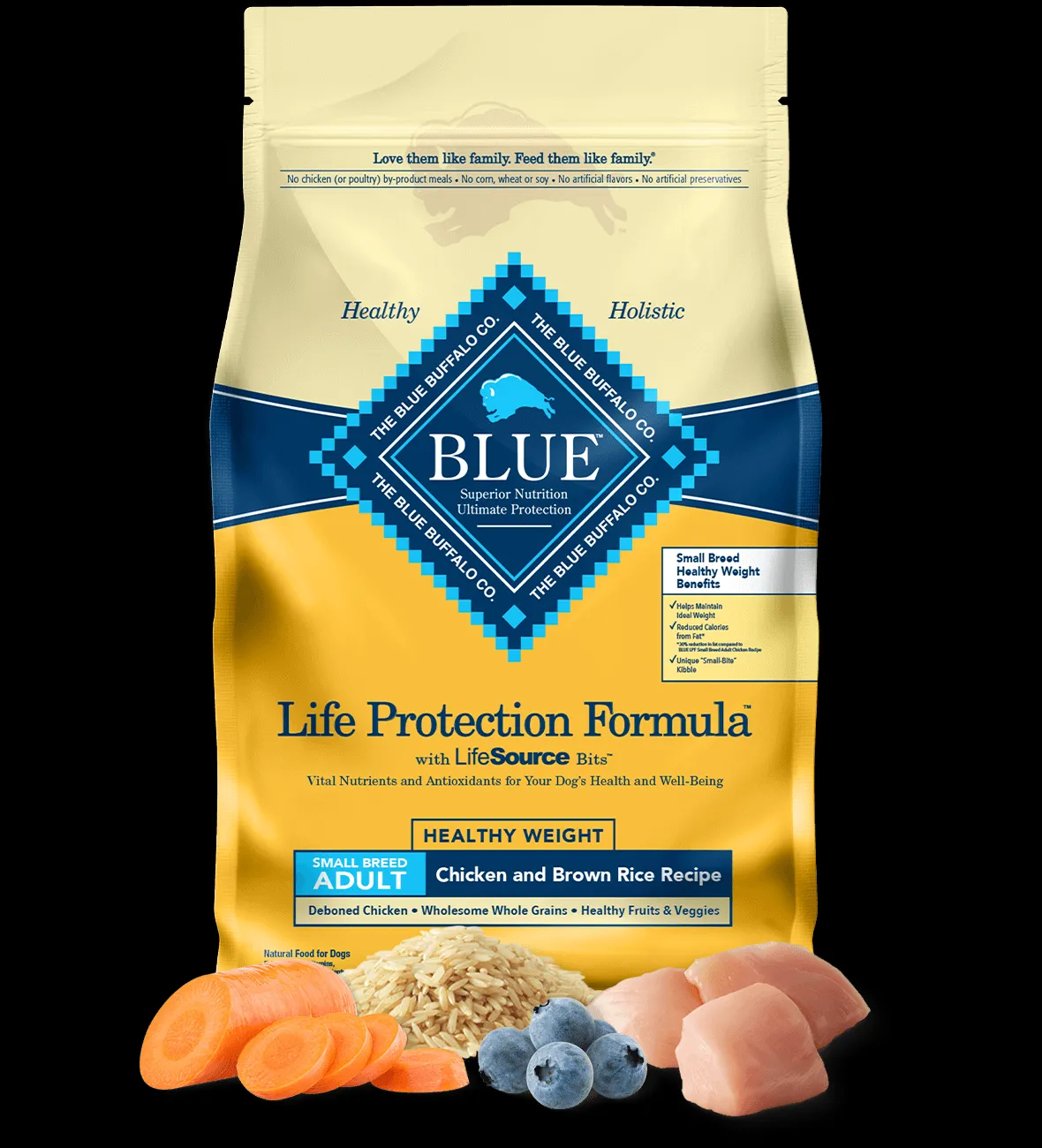 Bag of Blue Buffalo Life Protection Formula Healthy Weight Small Breed Chicken and Brown Rice Recipe