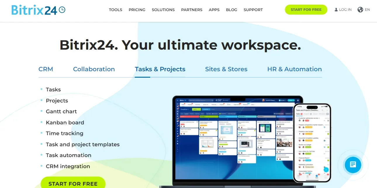 Bitrix24 interface showing project management, CRM, and communication tools integrated into a unified dashboard