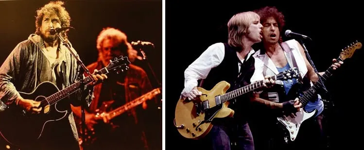 Bob Dylan performing live in 1987, alongside members of The Grateful Dead and Tom Petty & The Heartbreakers