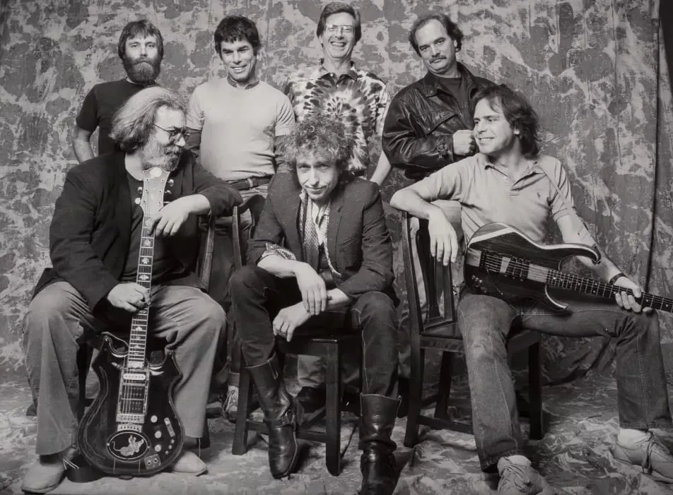 Bob Dylan performing with The Grateful Dead in 1987, showcasing their collaborative period