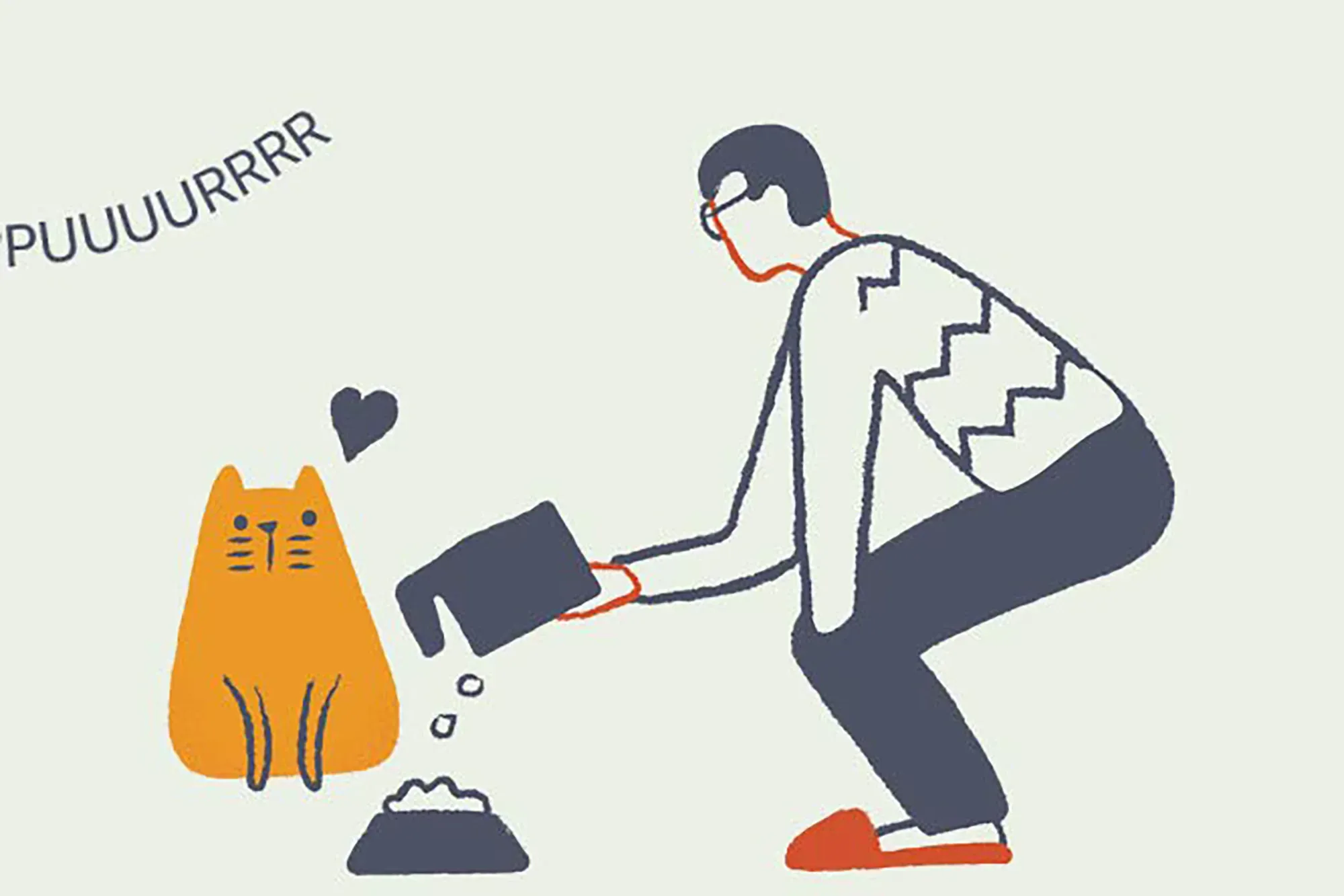 Cartoon illustration of a man feeding his cat