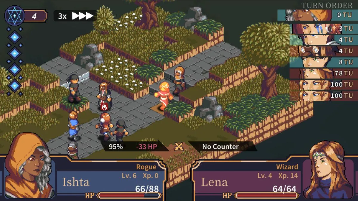 Characters Ishta and Lena from Spiritlink Tactics meeting on a lush, green battlefield