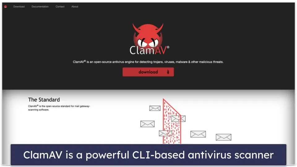 ClamAV logo and interface snippets showing command-line operations for antivirus scanning on a Linux system.