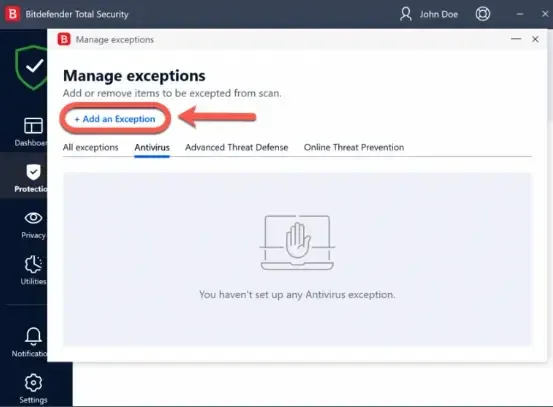 Click the Add an Exception button