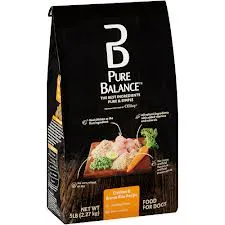 Close-up of dog food kibble, highlighting the various ingredients like chicken, rice, and vegetables