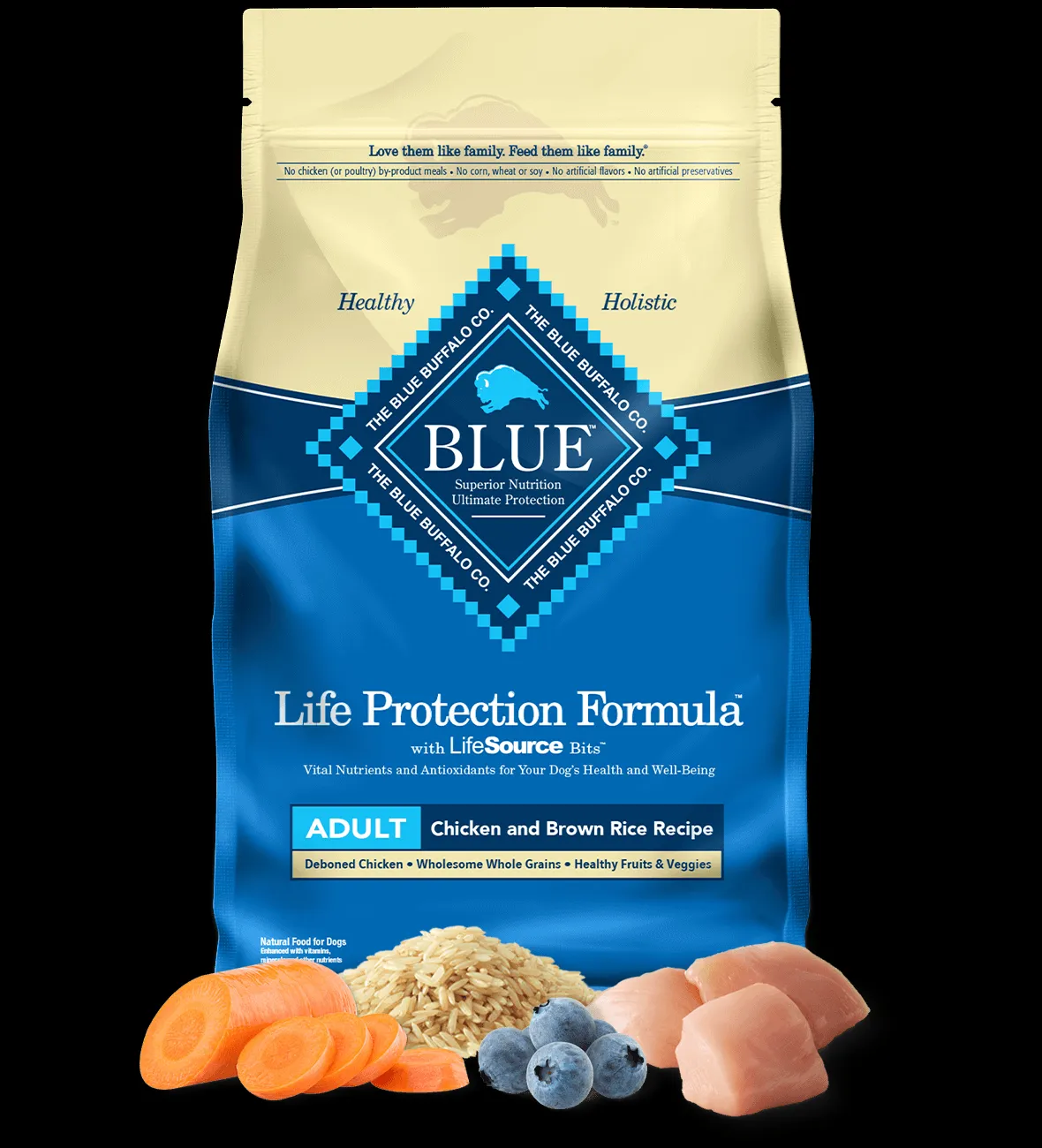 Close up of dry dog food with chicken and rice