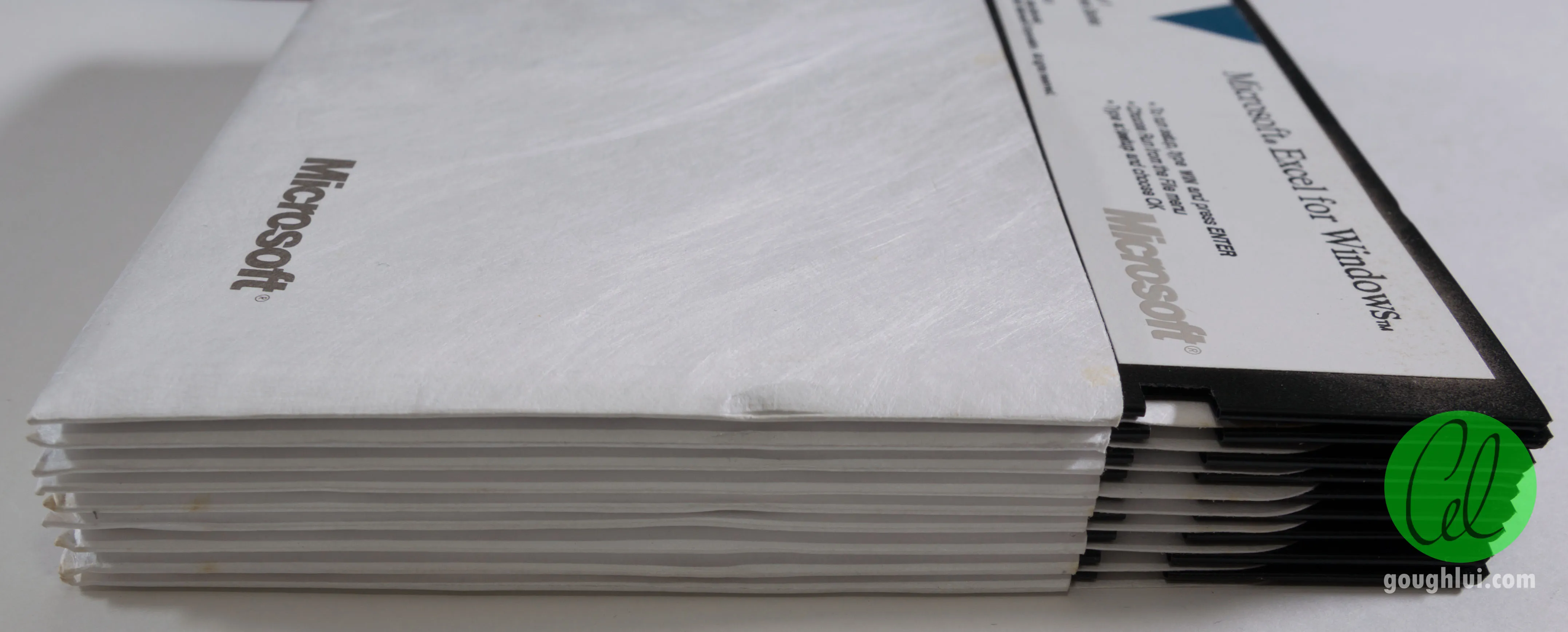 Close-up of Microsoft Excel 3.0 floppy disk labels showing Setup 1-3, Help 1-3, and Library 1-3