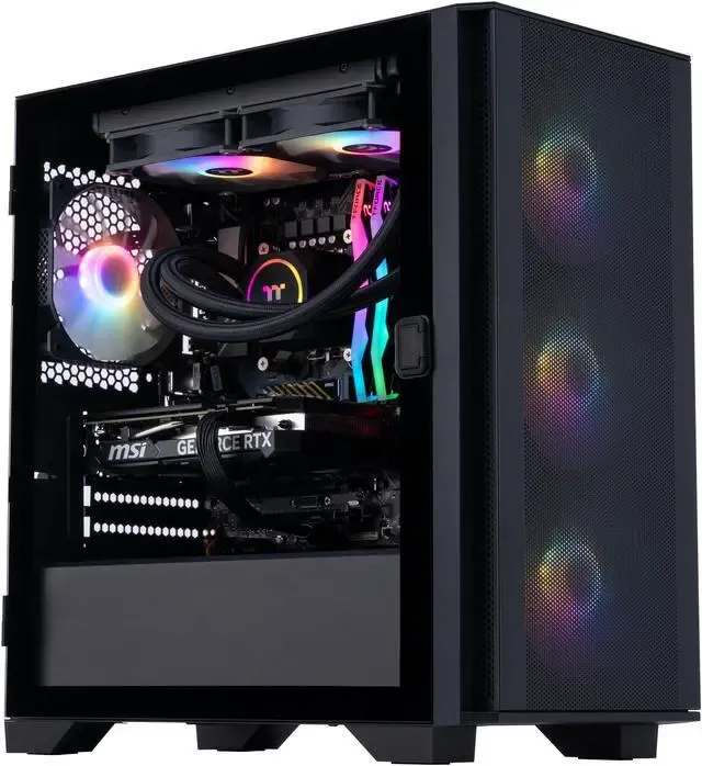 Close-up of the ABS Aquilon Aqua PC's interior, showcasing RGB RAM and liquid cooling setup