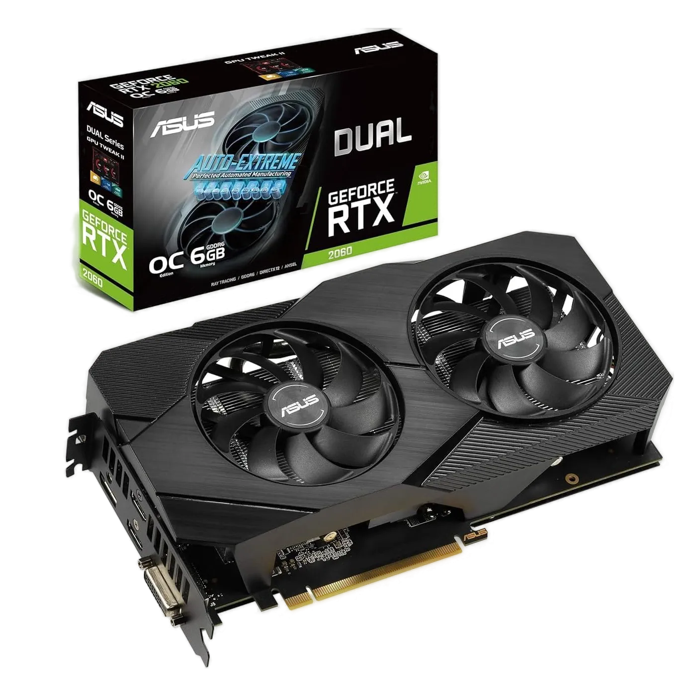 Close-up of the ASUS GeForce RTX 2060 Overclocked 6G GPU, highlighting its cooling fans and design.
