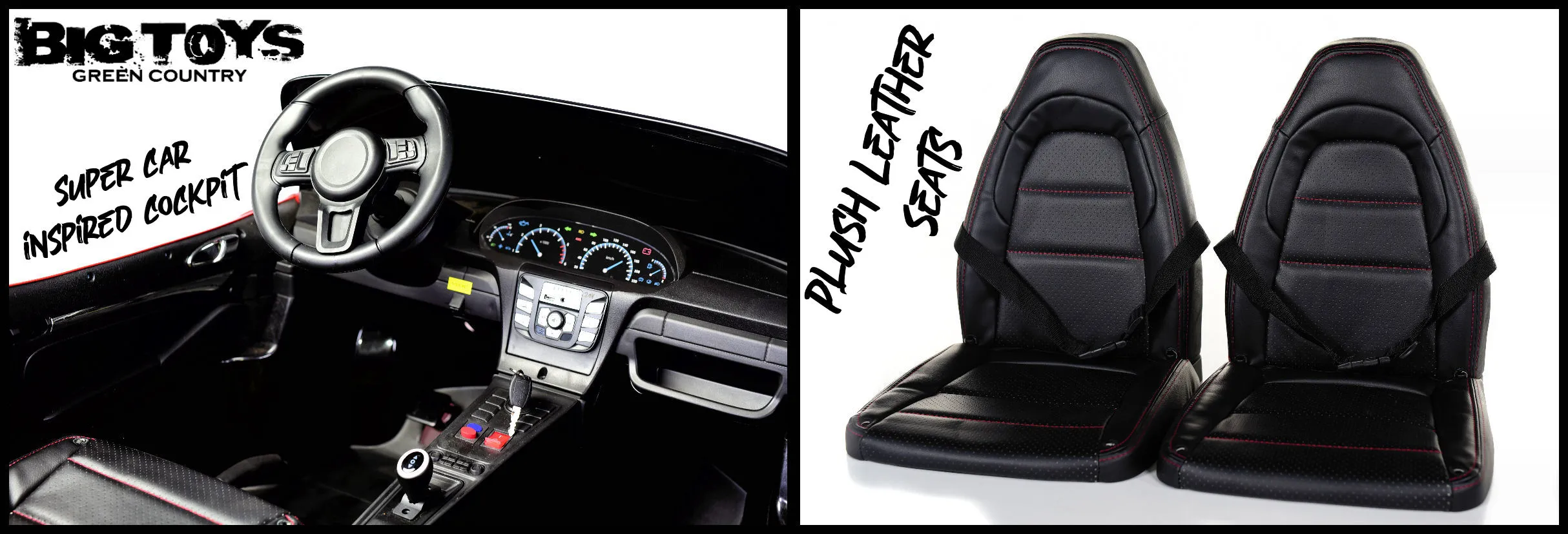 Close-up of the plush leather seats and air-filled rubber tires of the Super Car XXL
