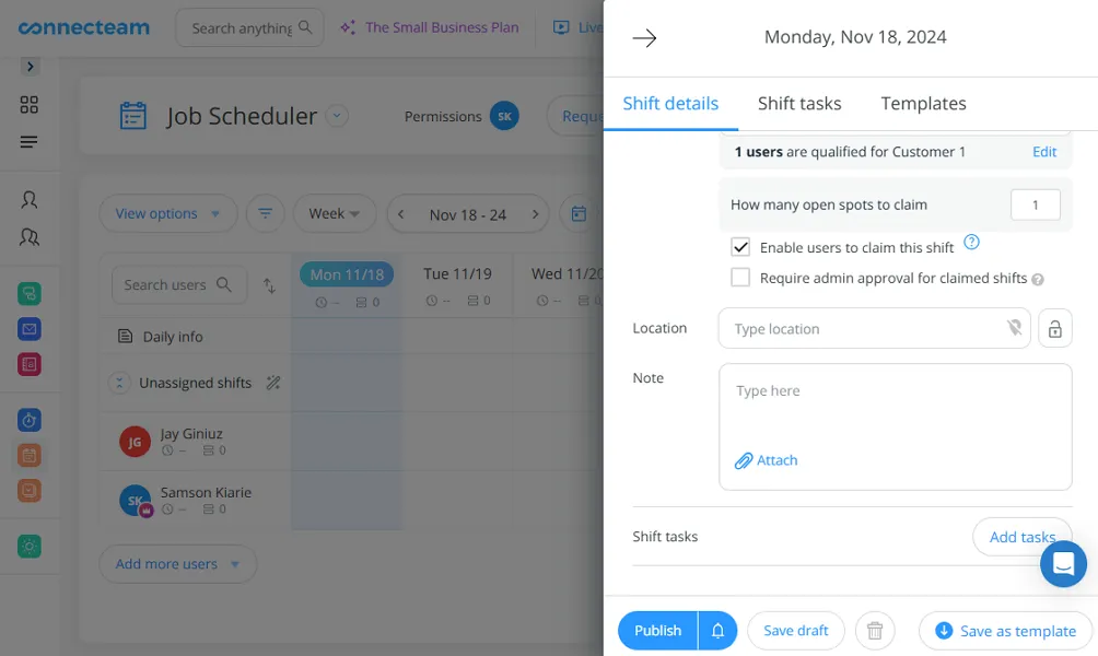Connecteam scheduling window interface