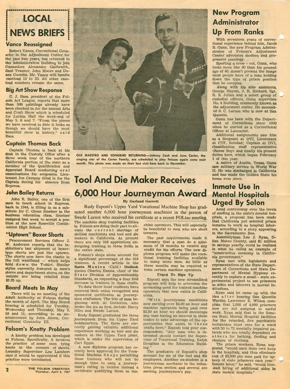 Continuation of the April 1967 Folsom Observer story on potential Johnny Cash concert