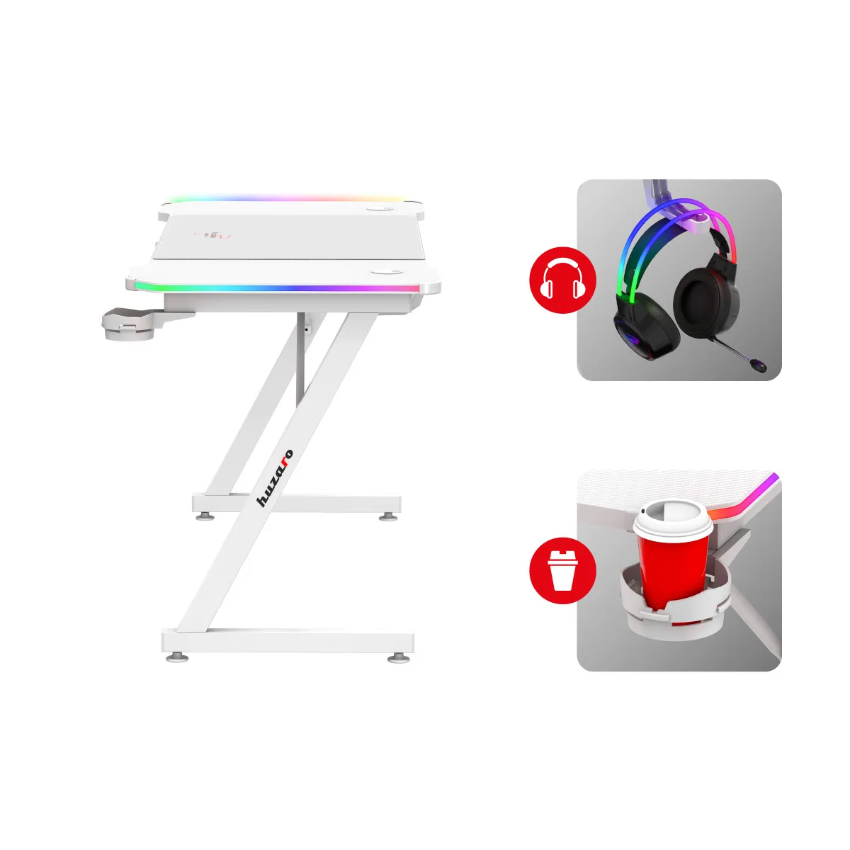 Convenient headphone hook and cup holder attached to the side of a gaming desk