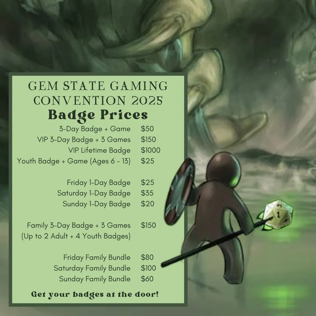 Convention badges displayed for sale at an event booth