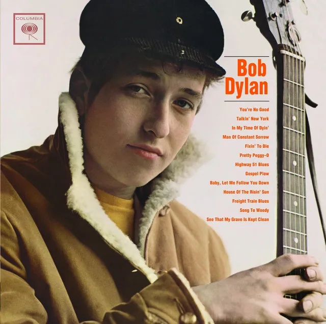 Cover art of Bob Dylan's self-titled debut album released in 1962, showcasing his early folk persona.