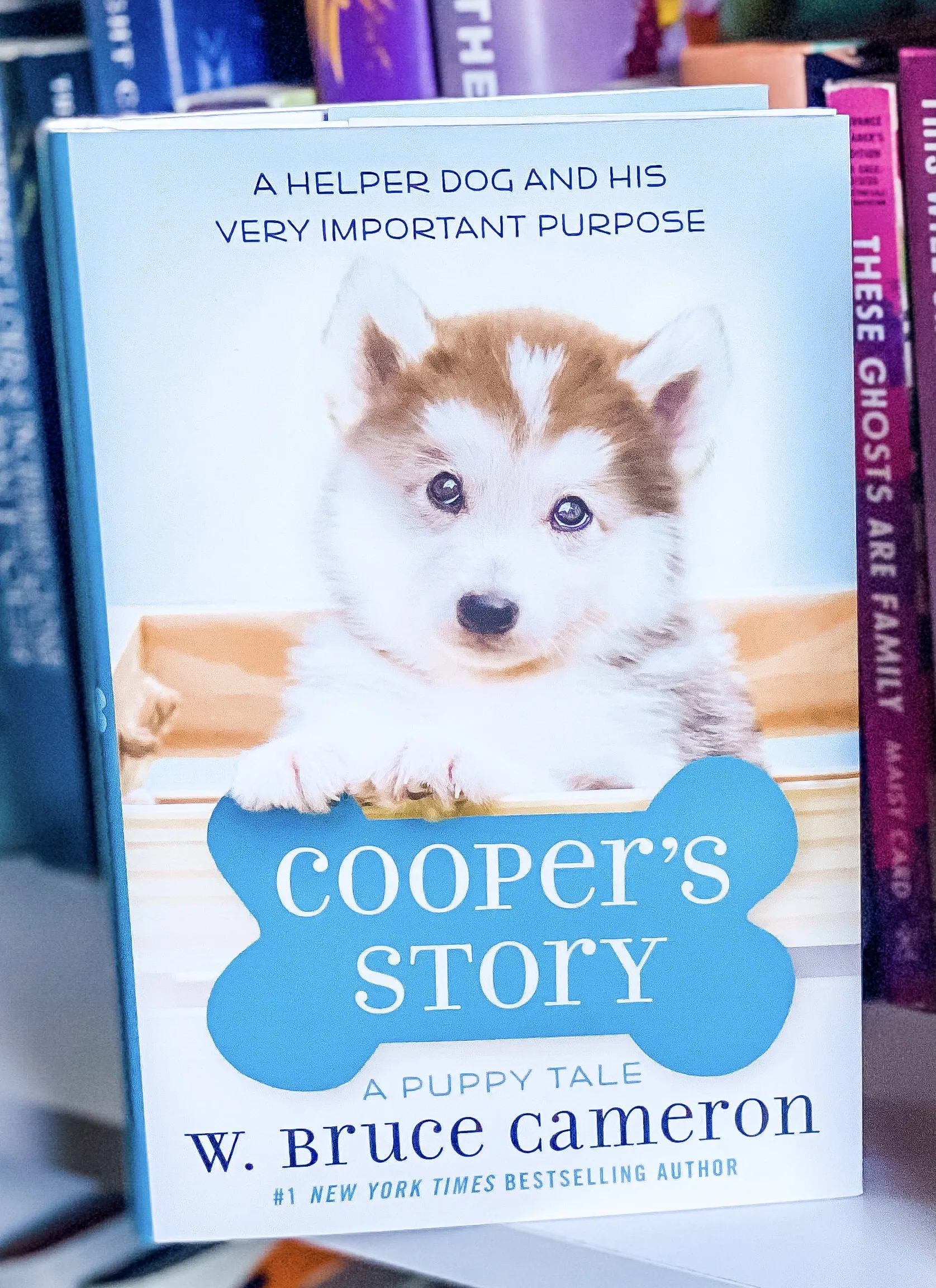 Cover of W. Bruce Cameron's book, Cooper's Story: A Puppy Tale, showing a dog pulling a boy in a wheelchair.