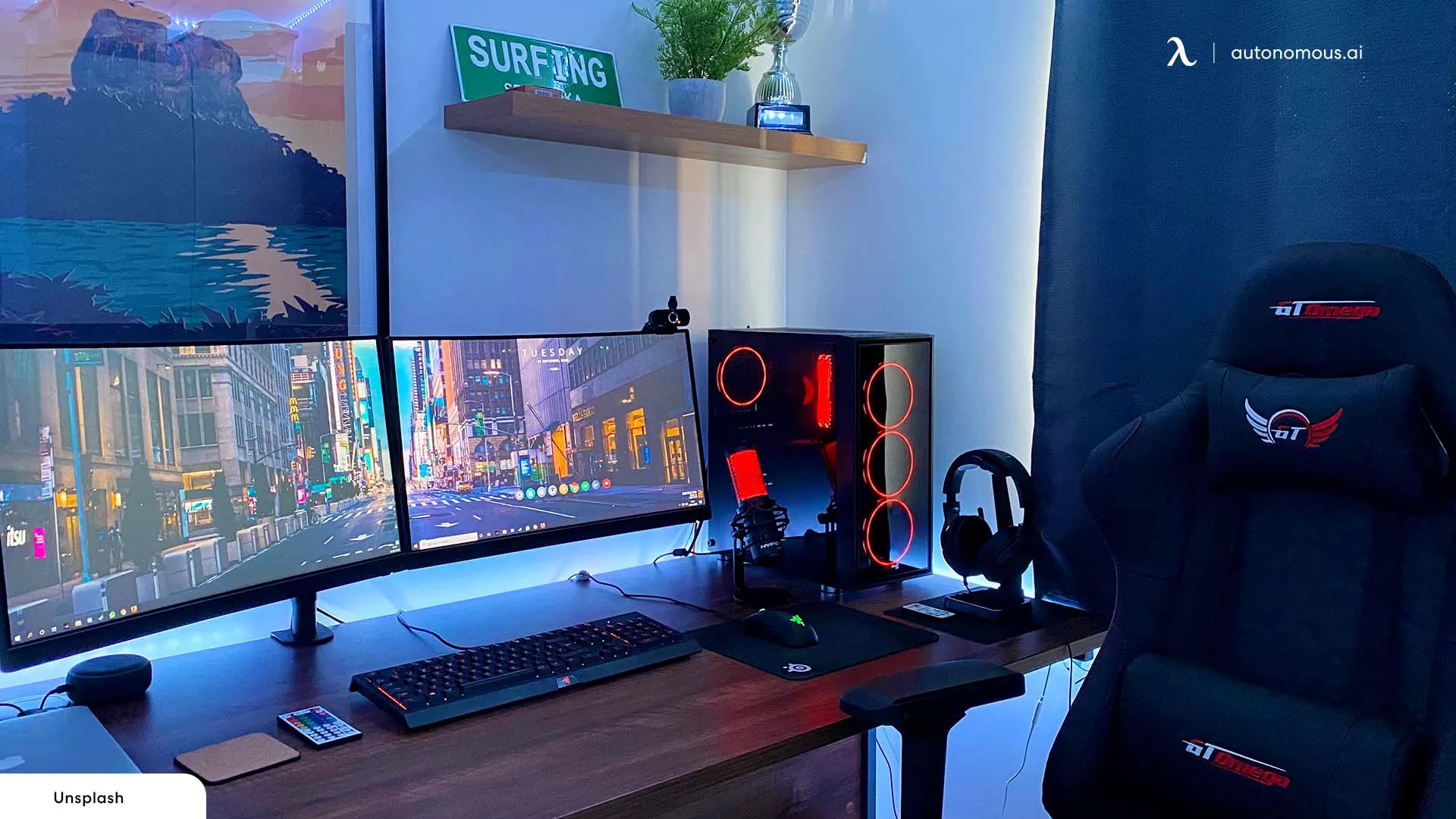 Cozy gaming setup with plants and warm lighting